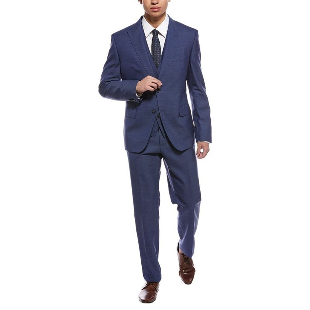 Hugo Boss Mens  2Pc Wool Suit With Flat Front Pant, Navy